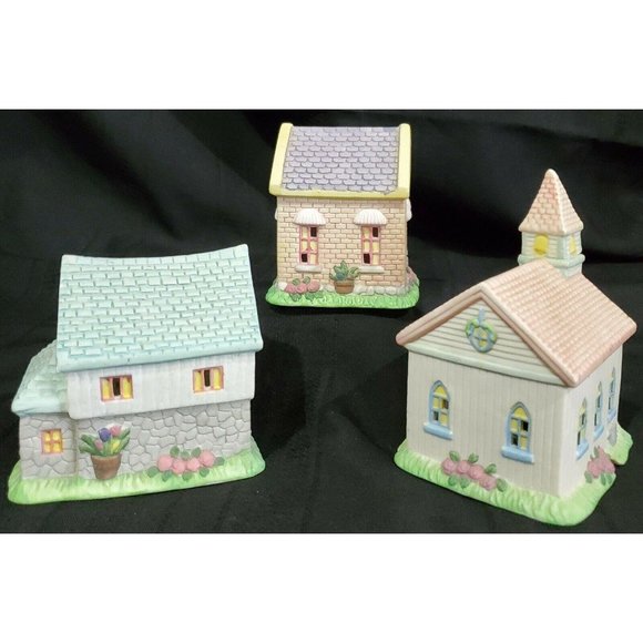 EASTER VILLAGE CHURCH FLOWER SHOP GROCERY STORE Spring pastel building house 3pc - Picture 2 of 12
